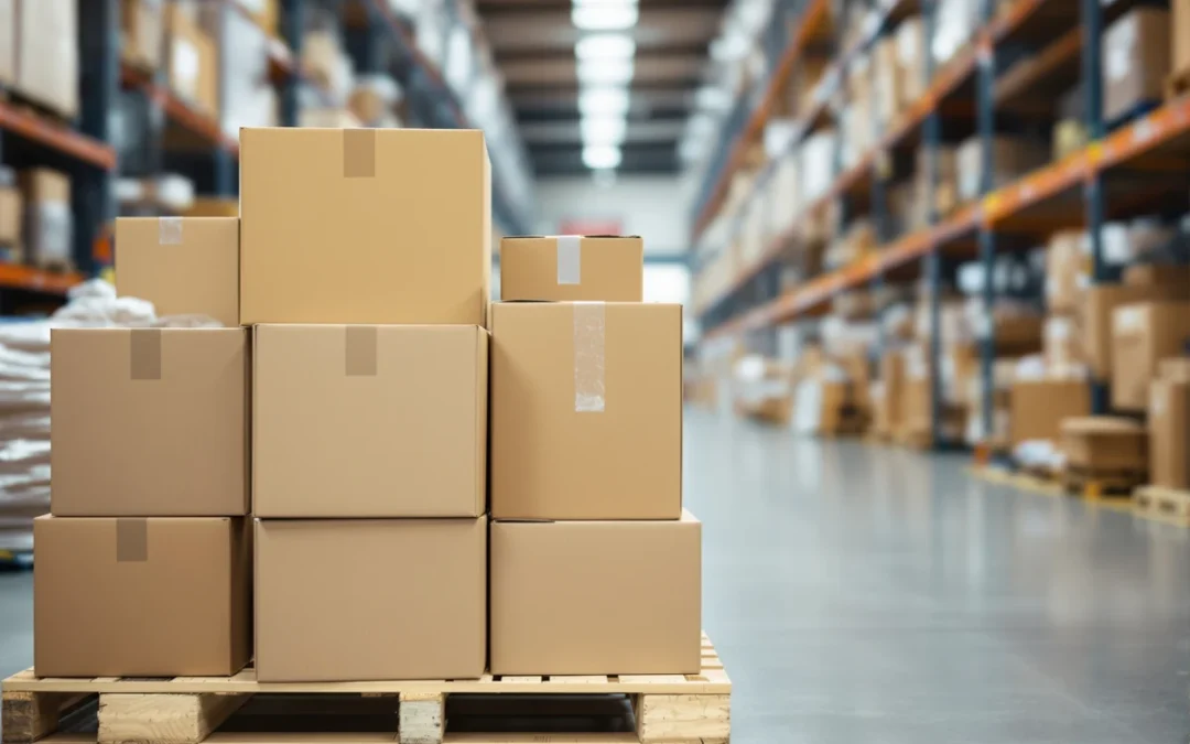 Cartons d'emballage sur palette dans un entrepôt logistique