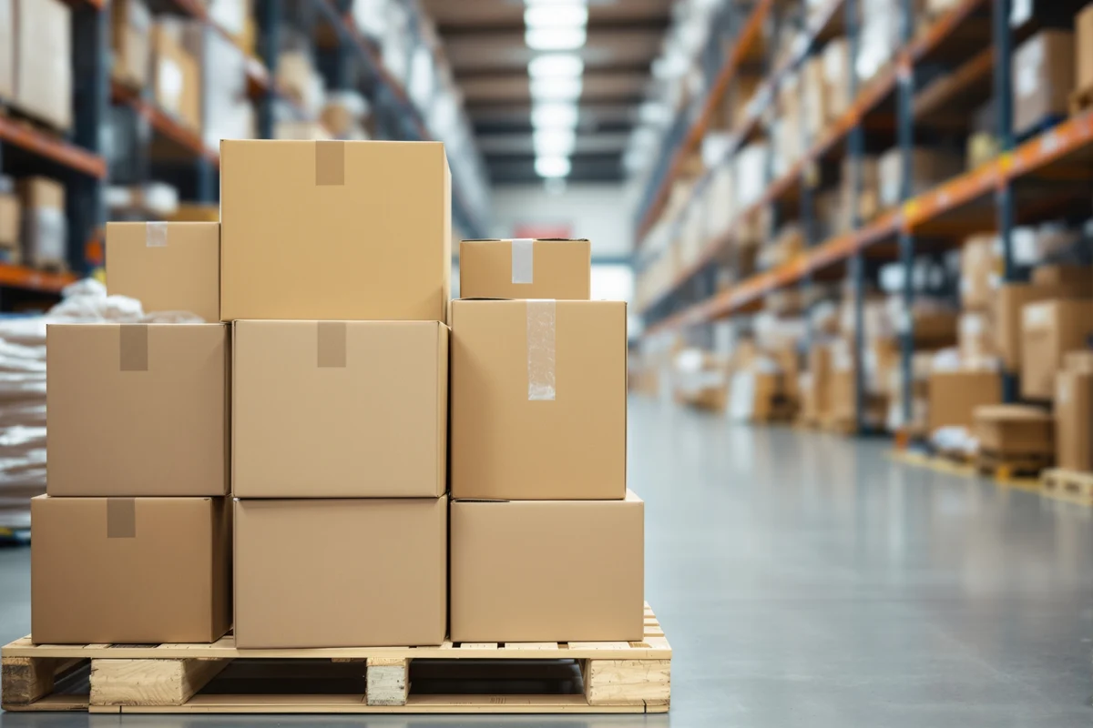 Cartons d'emballage sur palette dans un entrepôt logistique