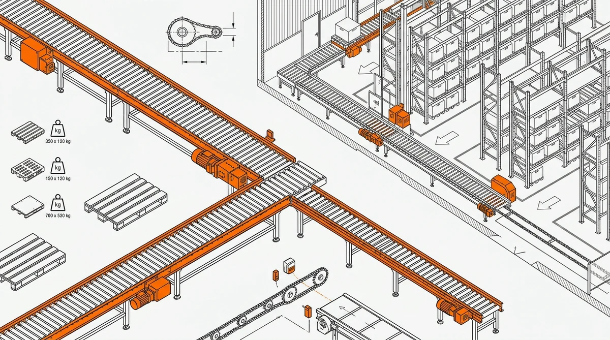 Schéma technique détaillant les composants d'un convoyeur de palettes industriel