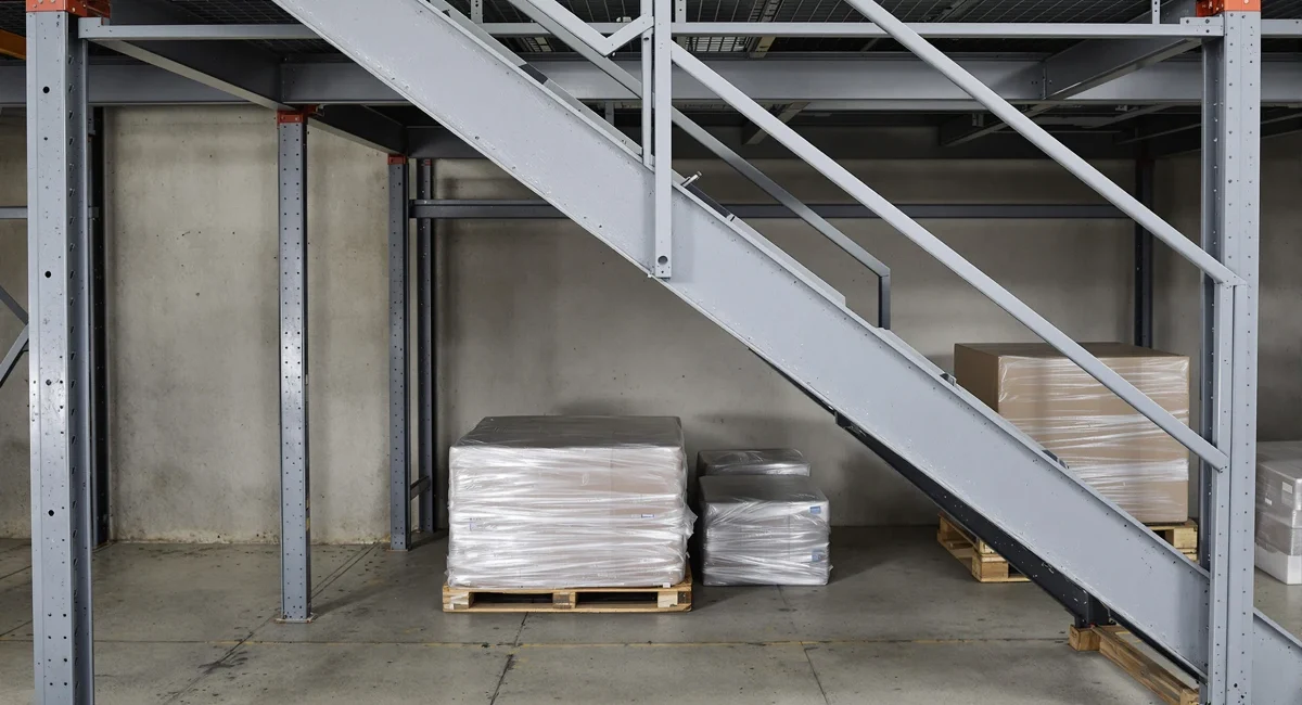 Escalier et garde-corps d'une mezzanine de stockage dans un entrepôt